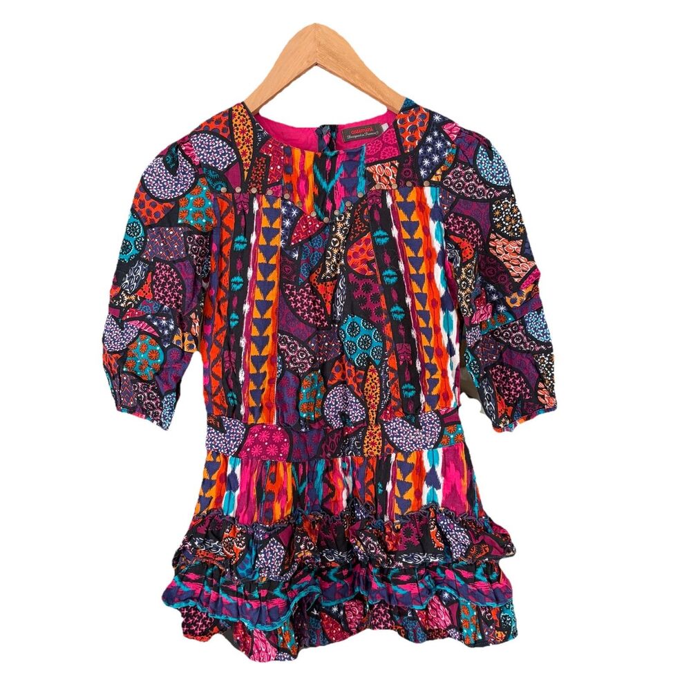 Catimini Girls Size 8 Multicolor Geometric Ruffle 3/4 Sleeve Lined Party Dress